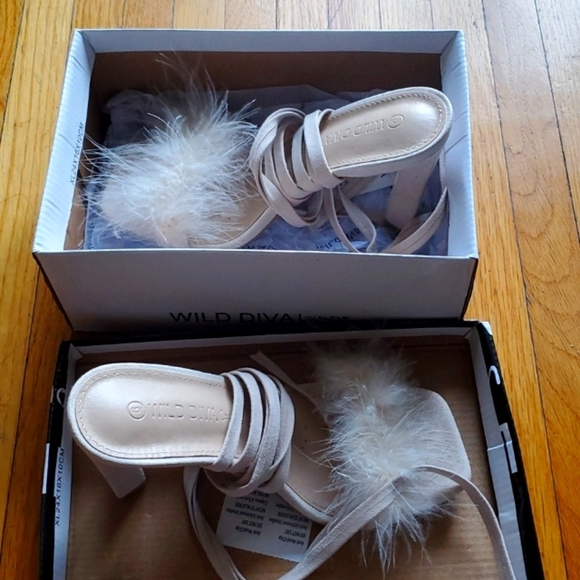 Fluffy faux feathers outline the top strap of this square-toed sandal with wrap- - Picture 1 of 7
